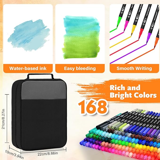 IVSUN Dual Brush Marker Pens,168 Colors Art Markers Set with Fine & Brush Tip for Adult Coloring Book, Bullet Journaling, Drawing, Note Taking, Planner, Hand Lettering, Calligraphy, Art Supplies Kit