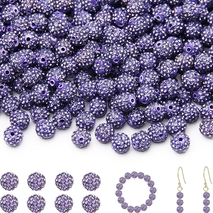 200 Pcs 10mm Rhinestone Beads for Jewelry Making, Purple Shiny Round Shamballa Disco Baseball Necklace Beads Sparkle Crystal Clay Pave Rhinestones Bead for DIY Bracelet Earring Craft Making Supplies