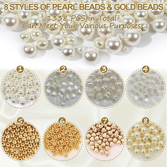 1338PCS Pearl Beads for Bracelets, 5 Size Round Pearl Beads Bulk for Jewelry Making Gold Spacer Star Heart Charms Friendship Bracelets Making Kit for Necklaces Earrings DIY Crafts
