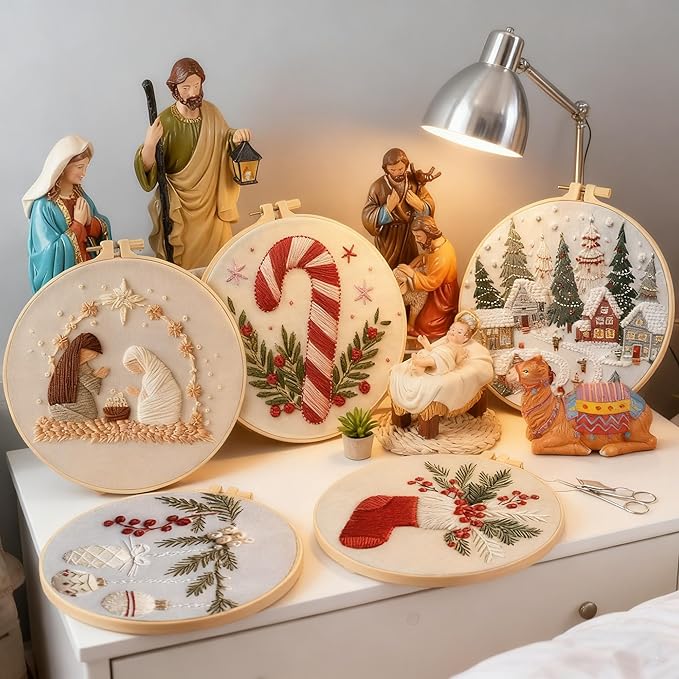 QBQBQ 4 Sets Christmas Embroidery Kit for Beginners, Embroidery Kits for Adults, Cross Stitch Kits for Beginners with Pattern, Needles, Threads, Bamboo Hoops, Tools