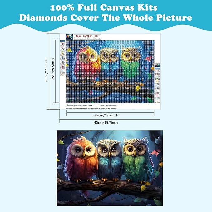 SENQAO Owl Diamond Painting Kits for Adults, 3 Colorful Owl DIY 5D Diamond Art Kits Full Drill Diamond Dots Paintings with Diamonds Gem Art and Crafts Home Decor 12x16inch