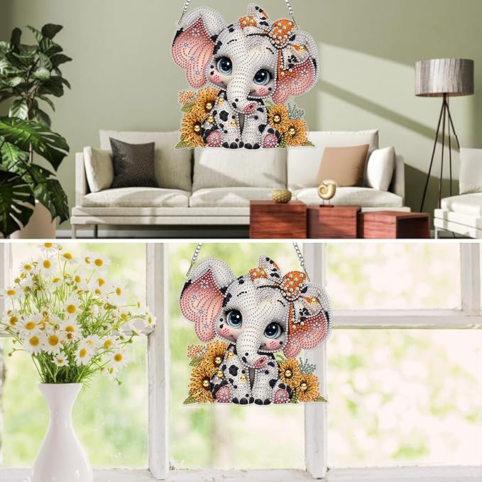 MXJSUA Elephant Diamond Art Hanging Kits for Adults Beginners, Crystal Diamond Suncatchers, Special Shape Diamond Painting Pendant Window Ornament for Home Garden Door Wall Decor