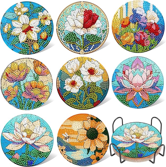 EWJRNSF 8 PCS Small Diamond Art Coasters Kits, Diamond Painting Coasters, Fall Diamond Art Kits for Adults Beginners, Arts and Crafts Item Sets with Holder for Drinks Flower Style