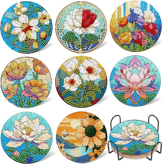 EWJRNSF 8 PCS Small Diamond Art Coasters Kits, Diamond Painting Coasters, Fall Diamond Art Kits for Adults Beginners, Arts and Crafts Item Sets with Holder for Drinks Flower Style