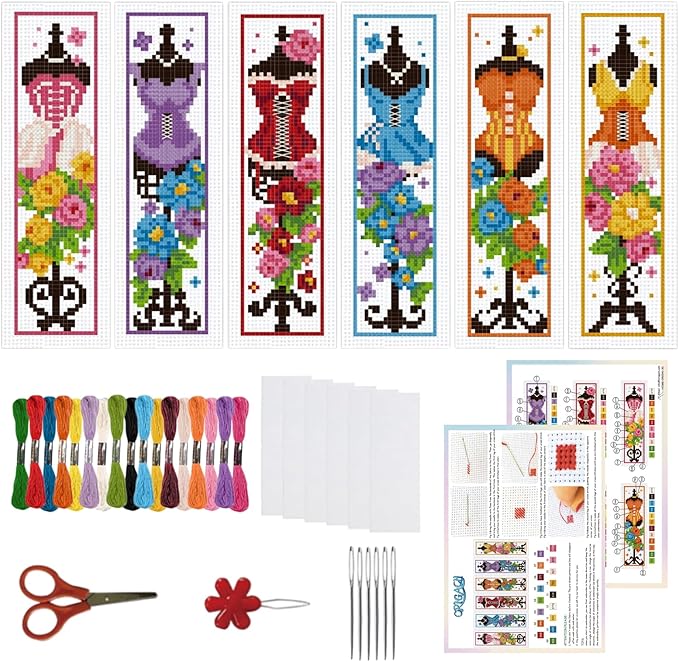 ORIGACH 6 Pcs Cross Stitch Bookmark Kit for Beginner Adults, Mannequin with Flowers Stamped Embroidery Bookmark Kit with Instruction for Starters Printed Cross Stitch DIY Kits for Book Lovers