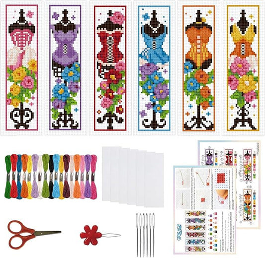 ORIGACH 6 Pcs Cross Stitch Bookmark Kit for Beginner Adults, Mannequin with Flowers Stamped Embroidery Bookmark Kit with Instruction for Starters Printed Cross Stitch DIY Kits for Book Lovers