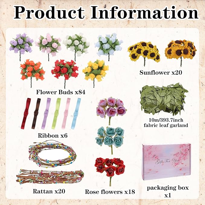KorViSHOW DIY Flower Crowns Making Kit, 149 Pcs Handmade Rose Sunflower Floral Headband Making Kit, DIY Creativity Fairy Flower Hair Accessories Craft Set for Women Make Your Own Princess Arts Gifts