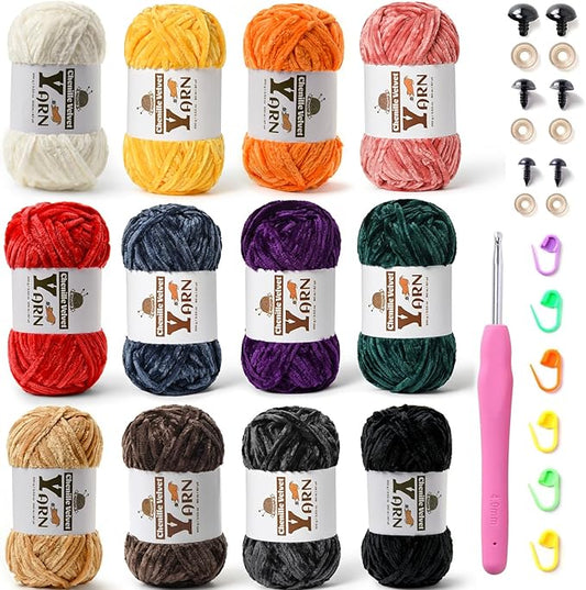 12 Pack Multicolor Crochet Yarn, Fluffy Chunky Chenille Yarn for Crocheting, Fuzzy Velvet Yarn for Crochet Kit, Baby Yarn for Crocheting Soft Amigurumi Yarn Set A (100g/87yds Each)
