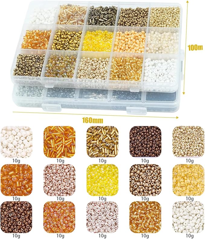 GTAAOY Mix 15 Color Glass Seed Beads, Glass Bugle Beads Tube Beads for Adults, Bracelet Bead Boards, Tweezers,Elastic Sting for Jewelry Making(Mix Size,Gold)