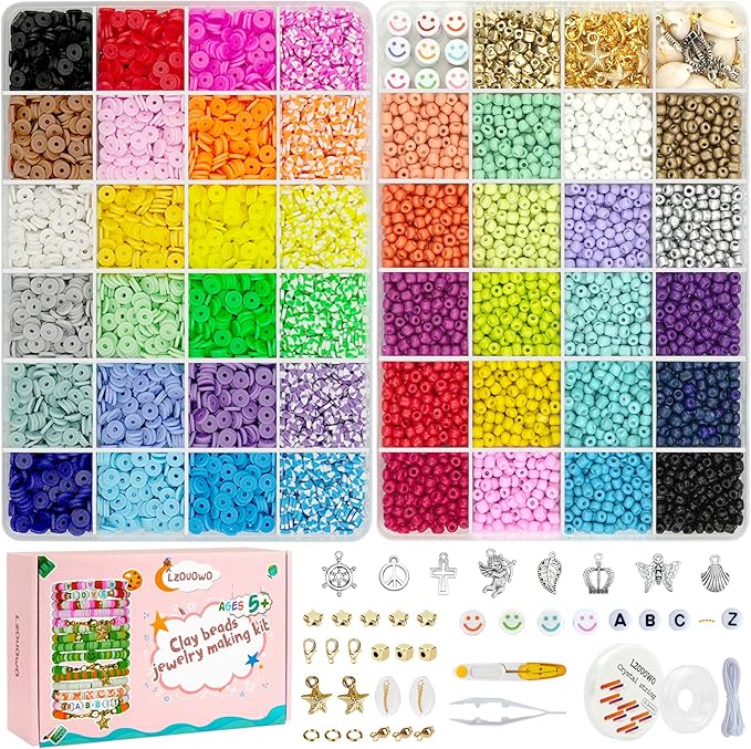 LZOUOWO 16300 4mm Glass Seed Beads for Bracelet Making Kit with Letter Beads for Friendship Bracelet, Clay Heishi Disc Beads Charms Elastic String for Concert Jewelry Making DIY Creative Gift