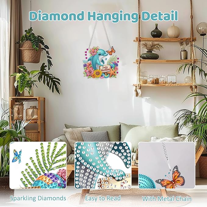 MEIYUDA Dolphins Diamond Art Hanging Kits for Adult, Flowers Dolphins Diamond Painting Hanging Kits Ornaments, DIY Special Shaped Rhinestone Window Pendants Kit for Home Garden Wall Decor Gift