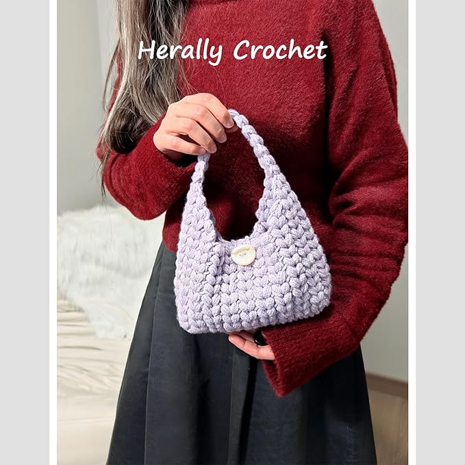 Herally Crochet Kit DIY for Beginners - Include Yarn, Hook and Accessory - with Step by Step Video Tutorials - Wheatear Hobo Bag (Lavender)