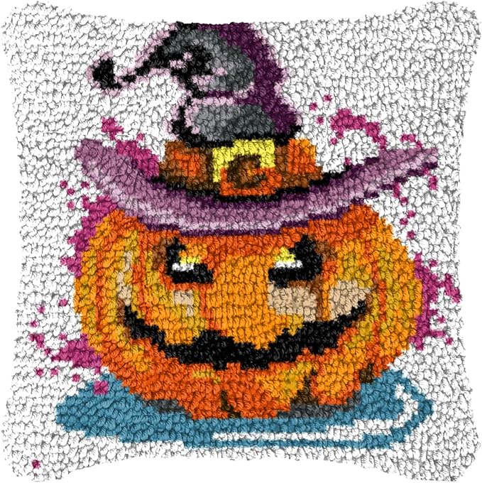 LAPATAIN Latch Hook Kits for Adults,Halloween Pattern Color Printed Canvas DIY Throw Pillow Cover,Beginners Handmade Needlework Crafts Home Decoration 17x17inch