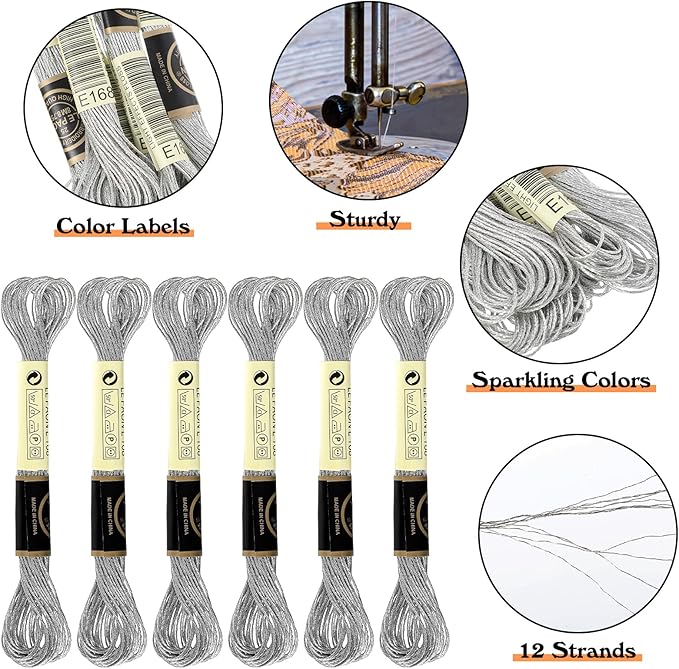 6 Pcs Silver Embroidery Floss Friendship Bracelet String Embroidery Thread Metallic Silver Embroidery Floss String Glitter Embroidery Thread Cross Stitch Thread for Hand Embroidery String Art