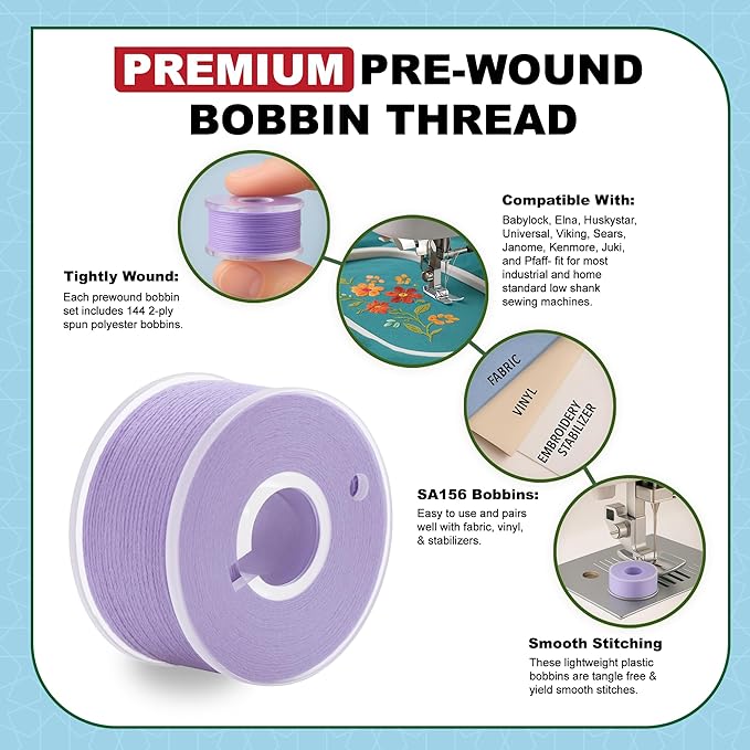 Mandala Crafts 144 Lavender SA156 Prewound Bobbins for Singer Sewing Machine -15J SA156 Prefilled Bobbin Thread for Brother Sewing Machine and Embroidery