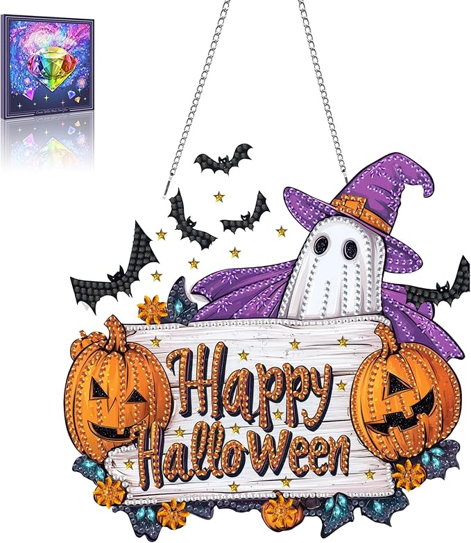 Wergund DIY Halloween Diamond Art Hanging Kits, Hanging Diamond Art Ghost, Acrylic Special Shaped Rhinestone, Window Hanging Pendants for Home Wall Garden Front Door Outdoor Decor Gift(Halloween)