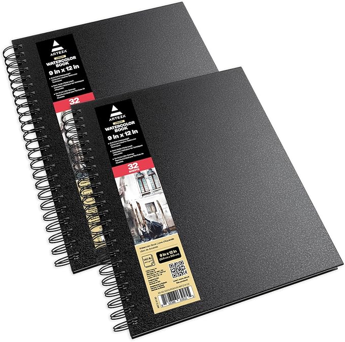 ARTEZA Watercolor Sketchbook 2-Pack, 64 Pages Each, 9x12 Inches – Spiral-Bound, 140 lb Cold Press Paper, Black Hardcover for Watercolor & Mixed Media