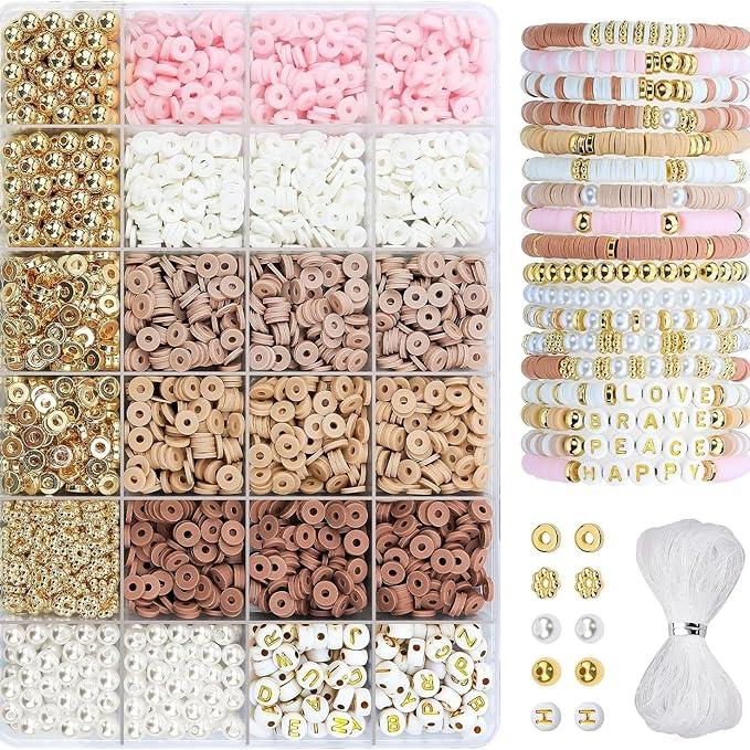 Believo Polymer Clay Beads Kit for DIY Jewelry with Elastic Cord, Colorful Flat Heishi Beads and Spacer Pieces – Ideal for Friendship Bracelet & Necklace Making (Camel Pink White 24)