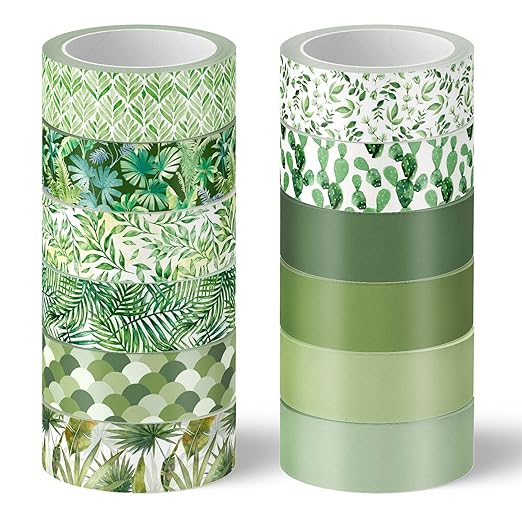 Whaline 12 Rolls Greenery Washi Tape Green Leaves Washi Tape Assorted Plants Theme Masking Decorative Tape for Scrapbook Journal DIY Art Craft Gift Wrapping Supplies