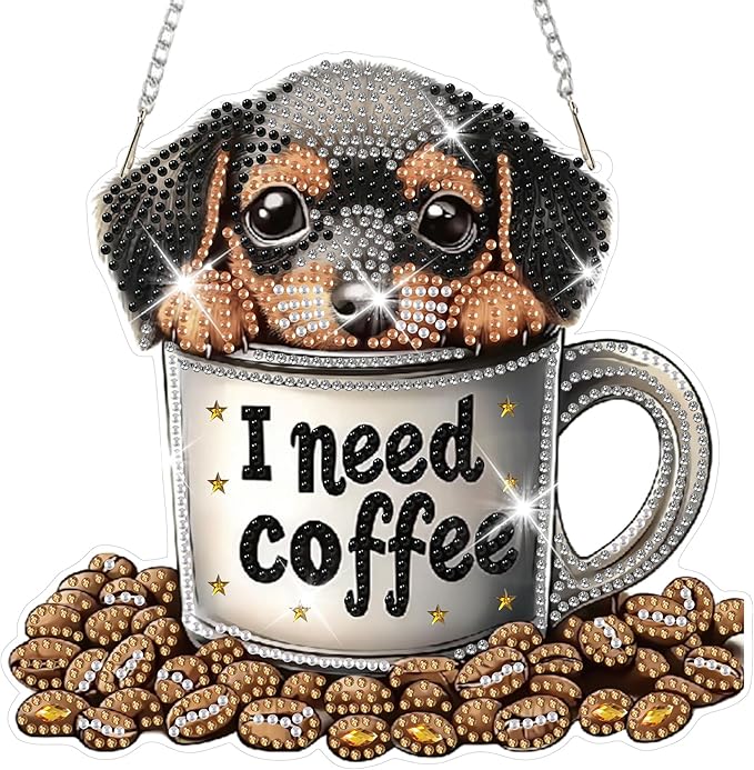 HEIBAGO Diamond Art Hanging Kits for Adults Kids, Hanging Diamond Art Dog, 5D Special Shaped Crystal Diamond Painting Kit Coffee, DIY Pattern Window Pendant for Home Wall Decor 8.3x8.3 Inch