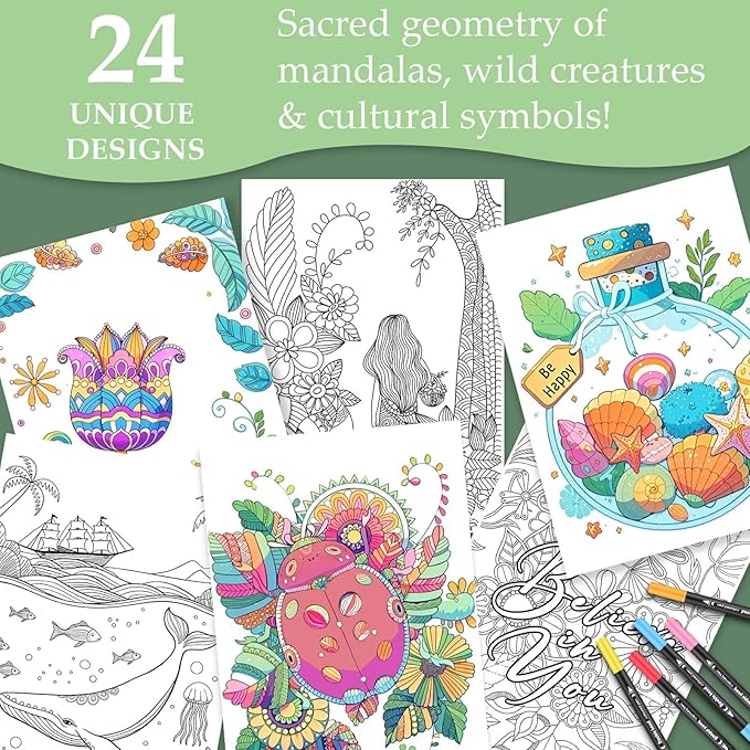 Adult Coloring Book for Women Relaxation, 24 Pages Mindfulness Coloring Books for Adult - Anxiety Relief, Stress Relief & Relaxing Gifts for Women Include Mandala Wildlife Plant Cultural Motifs