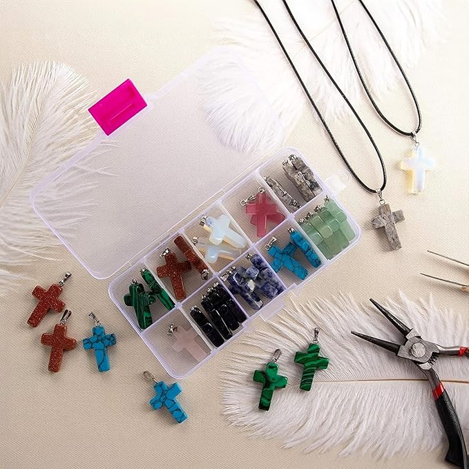 Cross Charms for Jewelry Making Kit - 40-Piece Assorted Gemstone Cross Charms, 10 Colors - Storage Case & Pendant Bails, Keychain Making Kit