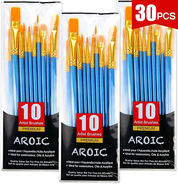 AROIC Paint Brush Set, 3 Pack 30 Pcs Acrylic Paint Brushes Artist Paint Brushes for Oil Watercolor Acrylic Face Rock Painting