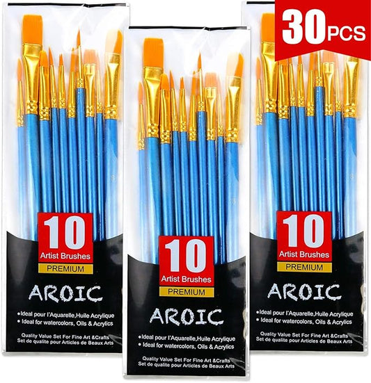 AROIC Paint Brush Set, 3 Pack 30 Pcs Acrylic Paint Brushes Artist Paint Brushes for Oil Watercolor Acrylic Face Rock Painting