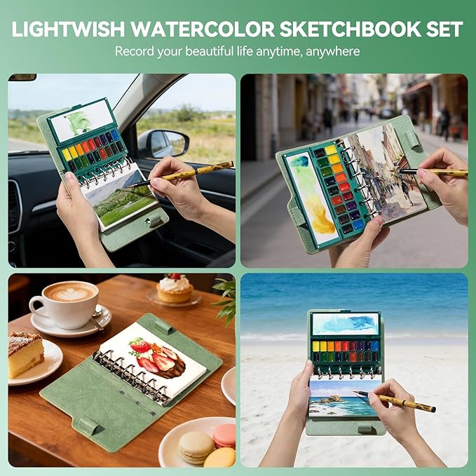 Portable Watercolor Sketchbook Set - 100% Cotton 5.1x3.0 Inch Hot Press 20 Sheets Binder Art Journal with 18-Well Ceramic Paint Palette & Travel Watercolor Brushes for Artists Outdoor Painting
