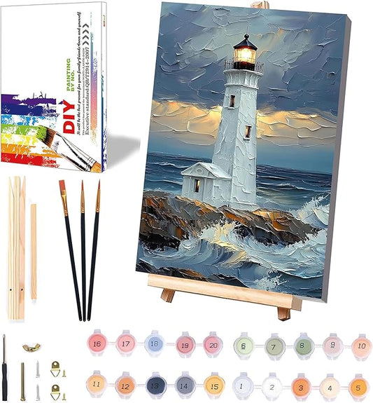 Lighthouse Paint by Numbers for Adults with Framed Canvas - with Wooden Easel, Landscape Paint by Number for Beginners, DIY Acrylic Oil Painting on Canvas with Brushes for Home Wall Decor (8x12 inch)