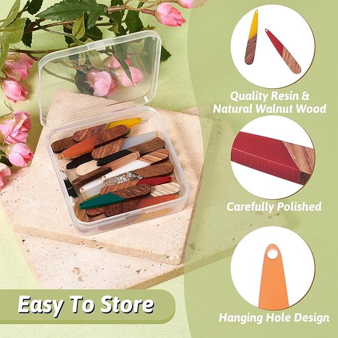 Beadthoven 26pcs/13 Pairs Natural Wood Resin Teardrop Charms DIY Earrings Pendants Mixed Colors Long Water Drop Shape Wooden Pendants for Statement Jewelry Making Findings