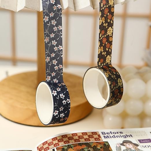 10 Rolls Sakura Washi Tape Set Japanese Arts Adhesive Tapes Gold Silver Foil Decorative Masking Tape Sets for Craft, Kids, Scrapbook, DIY, Gift Wrapping (Sakura Nightfall)