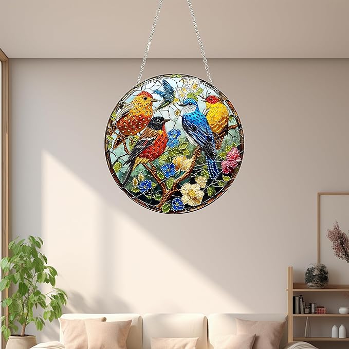 DIY Diamond Art Painting Wreath Kits，Special Shaped Rhinestone Hanging Ornament Diamond Art Window Pendants for Gift Home Garden Wall Hanging Kits,Double Sided (Bird-1)