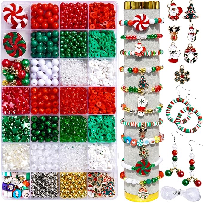 2370Pcs Christmas Beads for Bracelets Jewelry Making Kit, Christmas Tree Snowflake Charms Red Green Xmas Clay Bead Assorted Acrylic Crystal Round Pearl Star Spacer Bead for Necklace Earrings DIY Craft