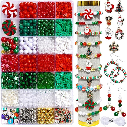 2370Pcs Christmas Beads for Bracelets Jewelry Making Kit, Christmas Tree Snowflake Charms Red Green Xmas Clay Bead Assorted Acrylic Crystal Round Pearl Star Spacer Bead for Necklace Earrings DIY Craft
