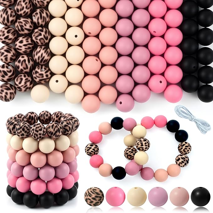 120 Pcs 15mm Silicone Beads for Keychain Making Bracelets Pink Black Leopard Print 6 Mixed Colors Silicone Round Beads Bulk for Crafts Pens Making