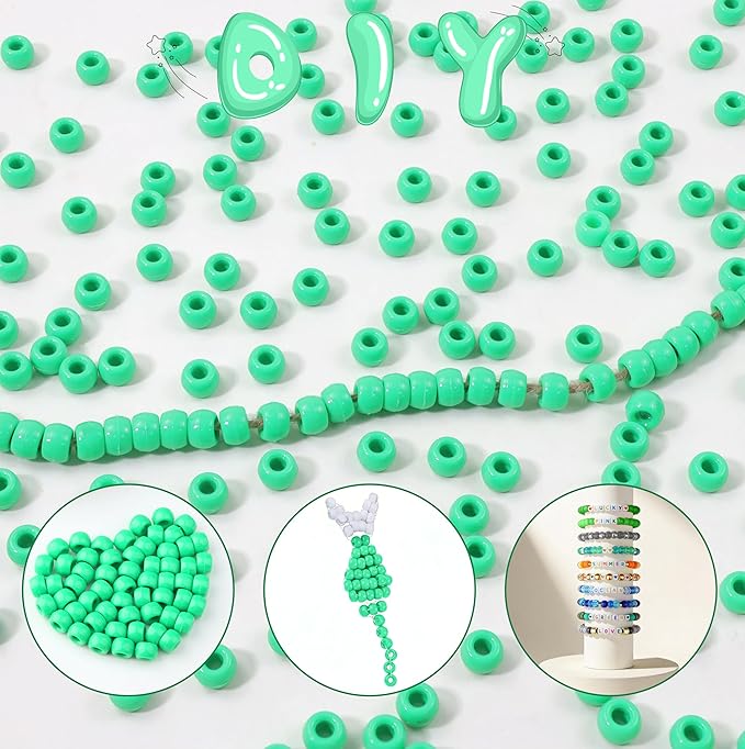 1000 Pc Boxed Light Green Pony Beads Bulk, 9MM Plastic Craft Beads with Large Hole, Green Hair Bead for Braids, Bracelet Bead for Jewelry Making