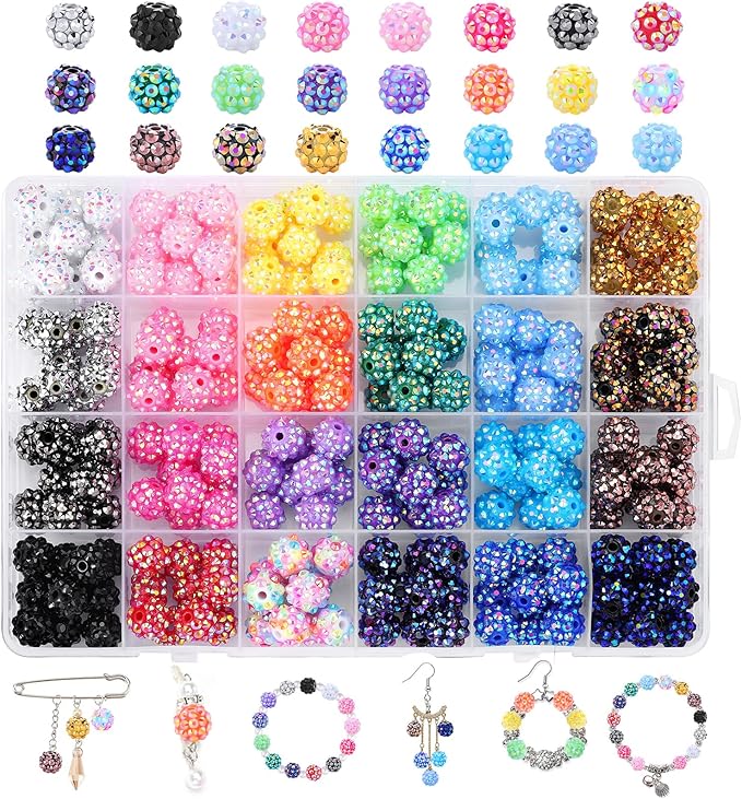 Novani 240pcs 10mm Round Rhinestone Beads for Jewelry Making, Resin & Clay Material, 24 Color Series