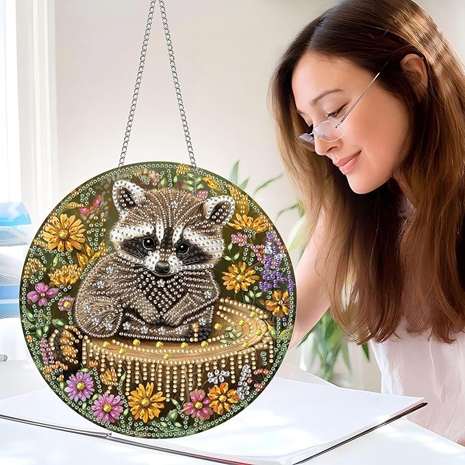 Pavemlo Hanging Diamond Art Kits for Adults Raccoon – 8x8 Inch Double-Sided Acrylic Board DIY Crystal Diamond Suncatcher Pendant, Sparkling Home Wall or Window Decoration Handmade Gift