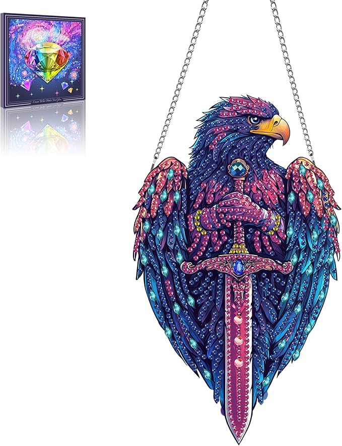 Wergund 5D DIY Eagle Diamond Art Hanging Kits, Hanging Diamond Art Bird, Acrylic Special Shaped Rhinestone, Window Hanging Pendants for Home Wall Garden Front Door Outdoor Decor Gift(Eagle)