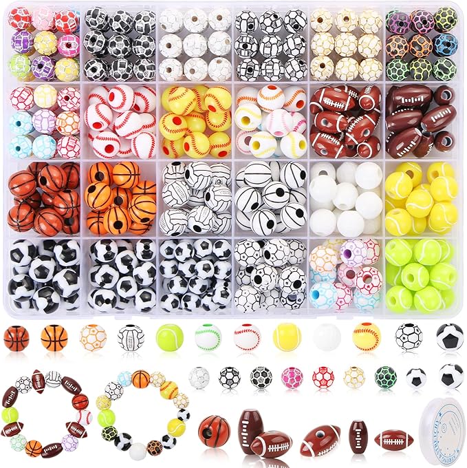 EVERMARKET 400 Pcs Sports Ball Beads for Jewelry Making, Acrylic Sports Beads Bulk, Baseball Basketball Soccer Volleyball Softball Football with Box for DIY Crafts Key Chains Bracelet