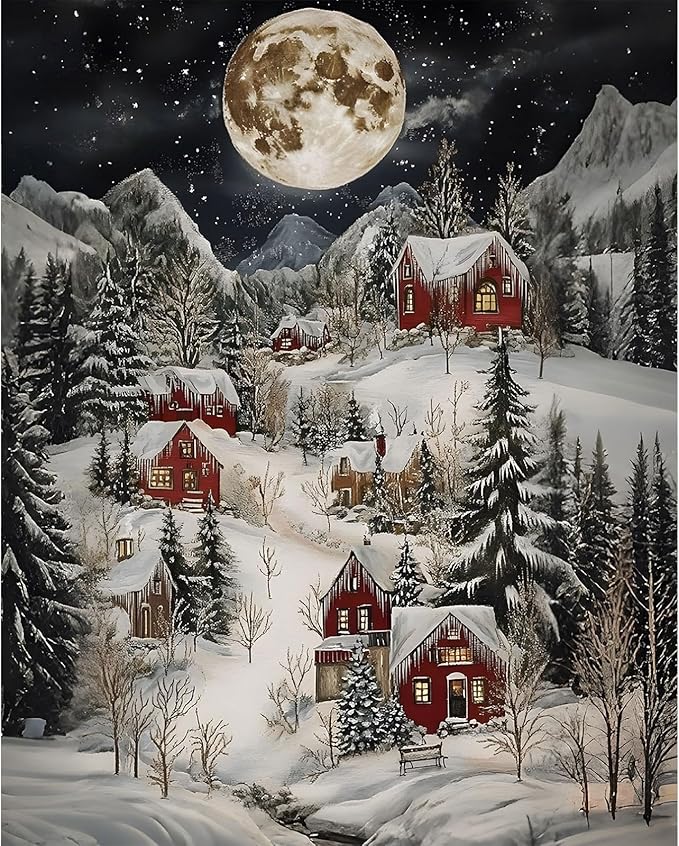 EMIEAUFG Christmas Diamond Art Kits for Adults, Christmas Snow Scenery Diamond Paiting Kit for Beginners, 5D DIY Round Full Drill Craft Diamond Dot Gem Art, Home Wall Decor 12" x 16"