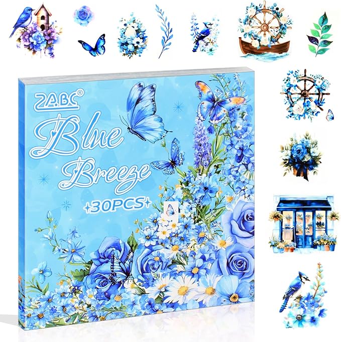30 Sheets Precut Blue Flower Garden Landscape Stickers Book for Junk Journal Supplies, Transparent PET Stickers for Journaling, Scrapbooking, Bujo, Collage, Card Making