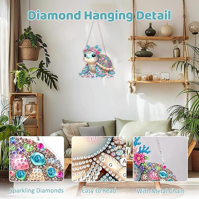 MEIYUDA Turtle Diamond Art Hanging Kits for Adult, Sea Turtle Diamond Painting Hanging Kits Ornaments, DIY Special Shaped Rhinestone Window Pendants Kit for Home Garden Wall Decor Gift