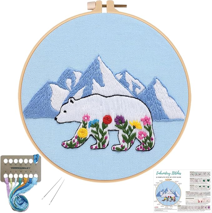louise maelys embroidery kits for beginners,cross stitch kit for adults,diy needlepoint with glacial polar bear and flowers pattern