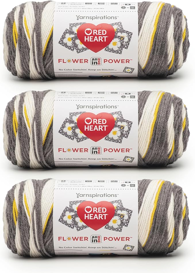 Red Heart All in ONE Flower Power Daisy do Yarn - 3 Pack of 8.8oz/250g - 100% Acrylic - #4 Worsted (Medium) - 440 Yards - Knitting/Crochet