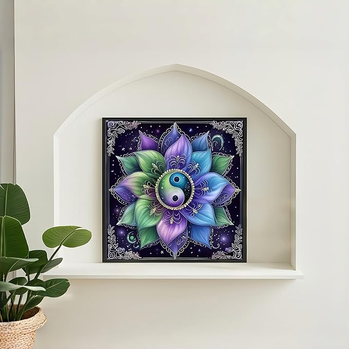 Diamond Art Kits for Adults Yin Yang Flowers, DIY 5D Diamond Painting Kit for Beginners, Tai Chi Full Round Drill Gem Art Dots for Adults, Diamond Dots Paintings Crafts Home Wall Decor 14X14 Inch