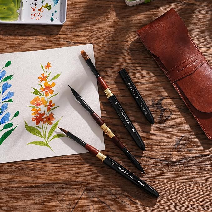 3pcs Dual-Tip Travel Watercolor Brushes - 6 Tip Styles, Fuumuui Sable Synthetic Squirrel Hair Travel Brushes Set with Leather Pouch Perfect for Watercolor Gouache Ink Painting