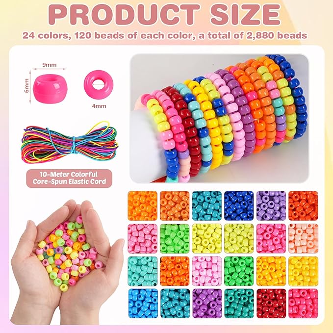 2880Pcs Pony Beads for Jewelry Making, 24 Color Plastic Pony Beads Bulk, 6×9mm Friendship Bead Bracelet Kit for Hair Braiding, Keychains, Necklaces, DIY Crafts Gifts