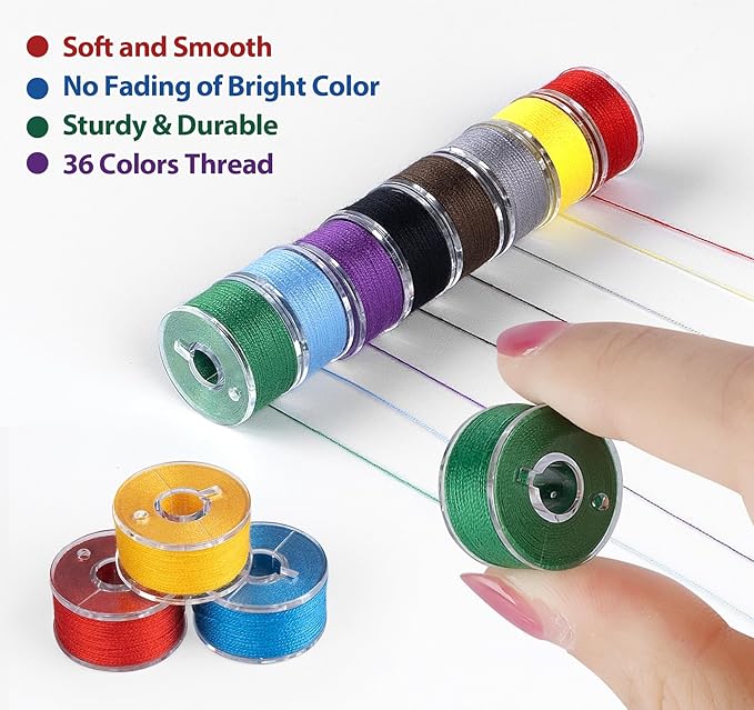 210 Pcs Prewound Bobbin Thread Set – 36 Colors Size A Class 15 (SA156) Bobbins, Plastic Sided, 40S/2 Spun Polyester Thread for Singer Brother Janome Embroidery & Sewing Machines